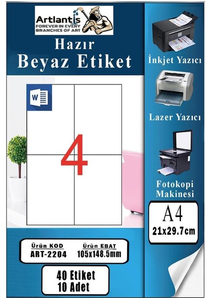 A4 Hazır Etiket 105X148.5 mm 10 Sayfa 1 Paket 4 Lü Kendinden Yapışkanlı Fotokopi Lazer Inkjet Kağıdı Yazıcılar Için Uyumlu