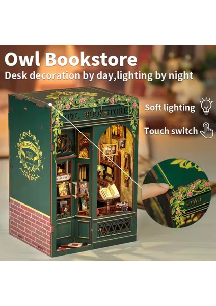 Owl Bookstore - Cutebee 2024 Yeni Stil Mini Book Nook Kiti, Kendin Yap Oyuncak Bebek Evleri, Minyatür Ev Kiti, LED Işıklı, Booknook Evleri, Model Yapı Setleri (SD02B-AMZ01)