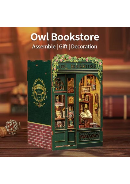 Owl Bookstore - Cutebee 2024 Yeni Stil Mini Book Nook Kiti, Kendin Yap Oyuncak Bebek Evleri, Minyatür Ev Kiti, LED Işıklı, Booknook Evleri, Model Yapı Setleri (SD02B-AMZ01)