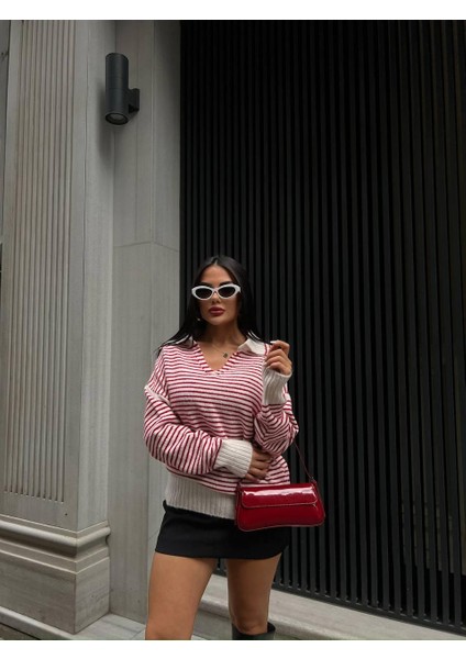 Çizgi Detay Kırmızı Triko Kazak fiyatları