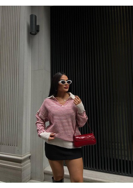 Çizgi Detay Kırmızı Triko Kazak modelleri