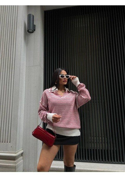 Çizgi Detay Kırmızı Triko Kazak fırsatları