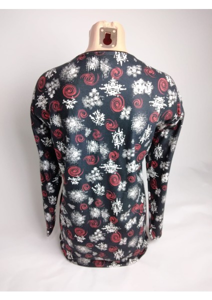 Kadın Siyah Desenli V Yaka Uzun Kollu Yanları Yırtmaçlı Mevsimlik Süet Anne Penye Tişört Bluz fiyatları