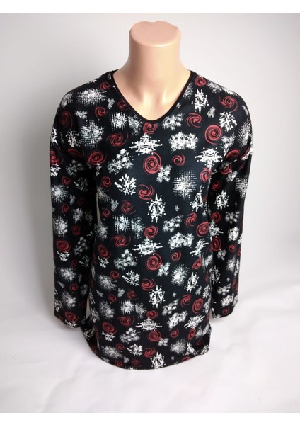 Kadın Siyah Desenli V Yaka Uzun Kollu Yanları Yırtmaçlı Mevsimlik Süet Anne Penye Tişört Bluz modelleri