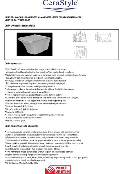 Mat Gri Ibiza Rimless Asma Klozet + Uf Kapak fiyatları