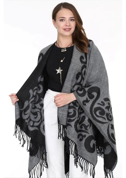 Kadın Çift Taraflı Desenli Panço Omuz Şal