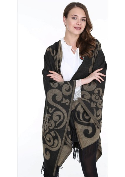 Kadın Çift Taraflı Desenli Panço Omuz Şal
