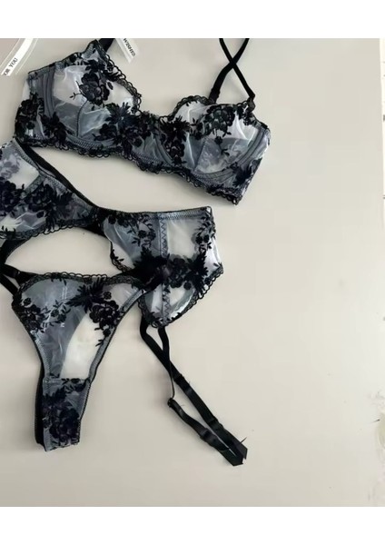 Brode Dantel Siyah Gül Detaylı Tül Sütyen Takım modelleri