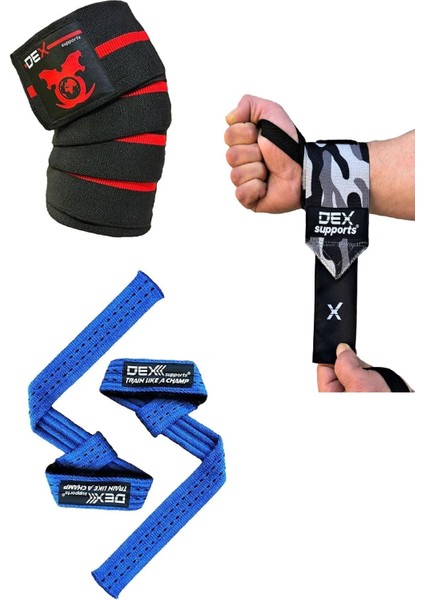 Fitness Sporcu Bilekliği Wrist Wraps Dark Kamuflaj + Ağırlık Kaldırma Kayışı Lifting Straps Mavi + Antrenman Dizliği Knee Wraps Elite 3'lü Paket