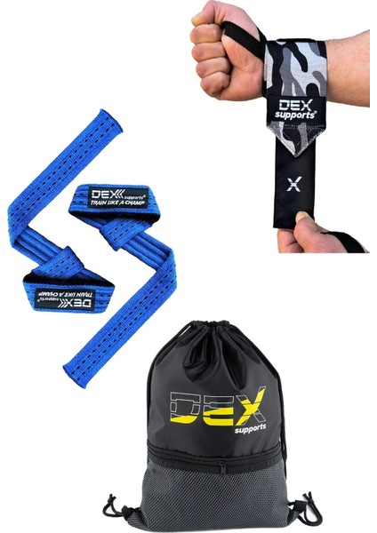 Fitness Sporcu Bilekliği Wrist Wraps Dark Kamuflaj + Ağırlık Kaldırma Kayışı Lifting Straps Mavi + Sackpack 3'lü Paket