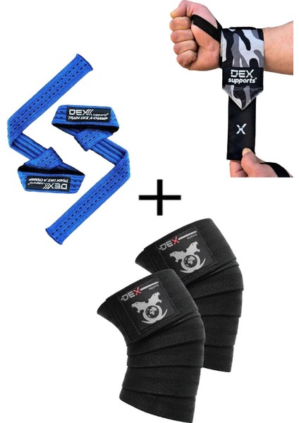 Fitness Sporcu Bilekliği Wrist Wraps Dark Kamuflaj + Ağırlık Kaldırma Kayışı Lifting Straps Mavi + Antrenman Dizliği Knee Wraps Legend 3'lü Paket