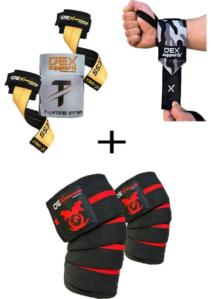 Fitness Sporcu Bilekliği Wrist Wraps Dark Kamuflaj + Ağırlık Kaldırma Kayışı T-Grips Lifting Straps + Antrenman Dizliği Knee Wraps Elite 3'lü Paket