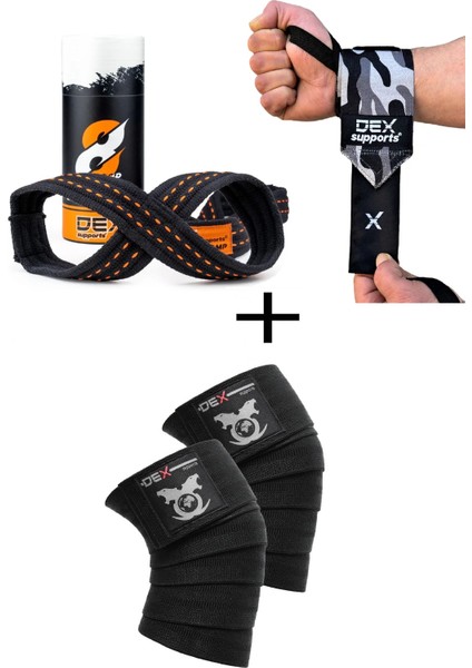 Fitness Sporcu Bilekliği Wrist Wraps Dark Kamuflaj + Ağırlık Kaldırma Kayışı 8 Loop Lifting Straps Turuncu + Antrenman Dizliği Knee Wraps Legend 3'lü Paket