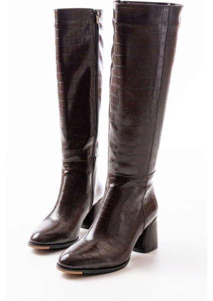 Kahverengi Kroko Topuklu Fermuarlı Günlük Kadın Çizme modelleri