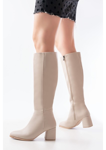 Bej Topuklu Fermuarlı Günlük Kadın Çizme modelleri
