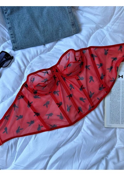 Playboy Işlemeli Dokulu Tül Korse Bralet