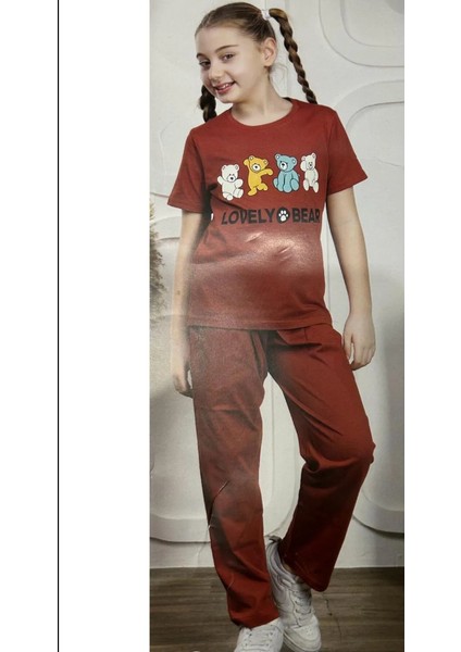Kız Çocuk Ayıcık Baskılı Pamuklu Pijama Takımı