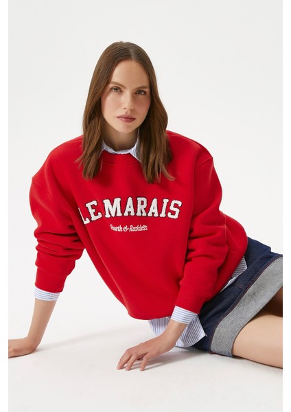 Kadın Marais Kırmızı Nakışlı Oversize Sweatshirt