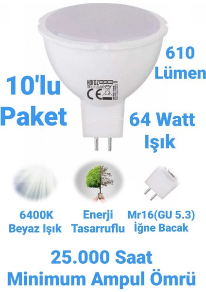 Horoz 8W MR16 LED Ampul Beyaz Işık 610 Lümen Spot Ampul İğne Bacak Ampul 220 Volt