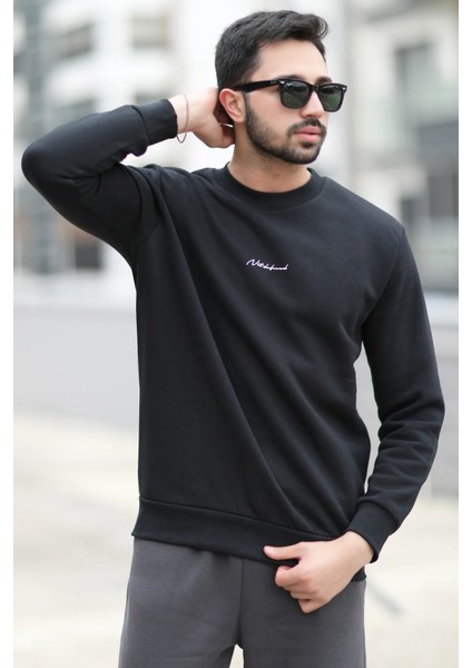 Erkek Kışlık Sweatshirt Siyah Regularfit O Yaka Baskılı Üç İplik Şardonlu Ribanalı - 5012-1