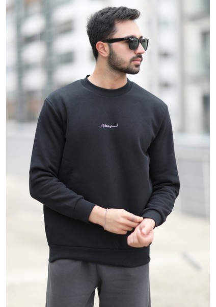 Erkek Kışlık Sweatshirt Siyah Regularfit O Yaka Baskılı Üç İplik Şardonlu Ribanalı - 5012-1 fiyatları
