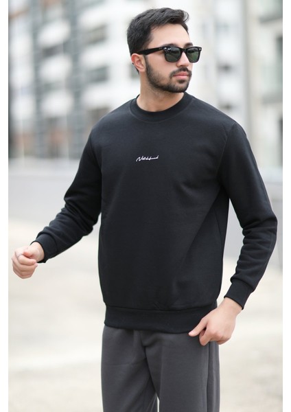 Erkek Kışlık Sweatshirt Siyah Regularfit O Yaka Baskılı Üç İplik Şardonlu Ribanalı - 5012-1 modelleri