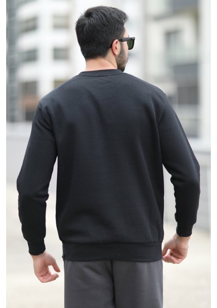 Erkek Kışlık Sweatshirt Siyah Regularfit O Yaka Baskılı Üç İplik Şardonlu Ribanalı - 5012-1 fırsatları