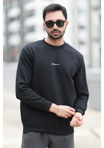 Erkek Kışlık Sweatshirt Siyah Regularfit O Yaka Baskılı Üç İplik Şardonlu Ribanalı - 5012-1 indirimleri