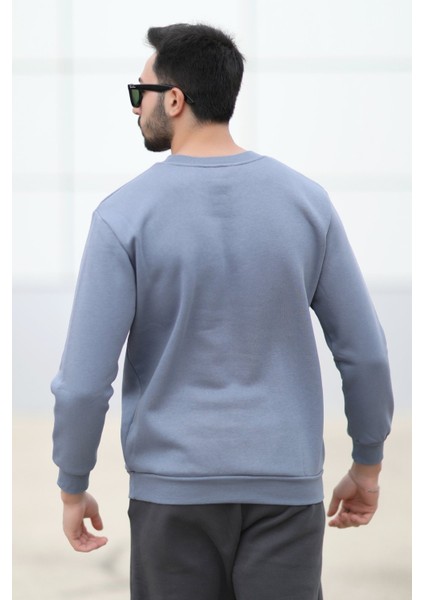 Erkek Kışlık Sweatshirt Koyu Mavi Regularfit O Yaka Baskılı Üç İplik Şardonlu Ribanalı - 5012-1 modelleri