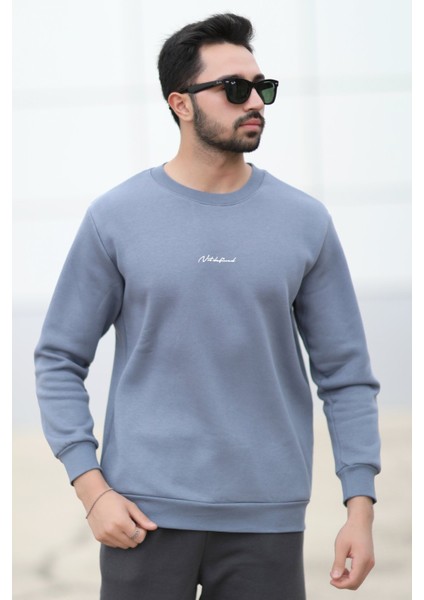 Erkek Kışlık Sweatshirt Koyu Mavi Regularfit O Yaka Baskılı Üç İplik Şardonlu Ribanalı - 5012-1 fırsatları