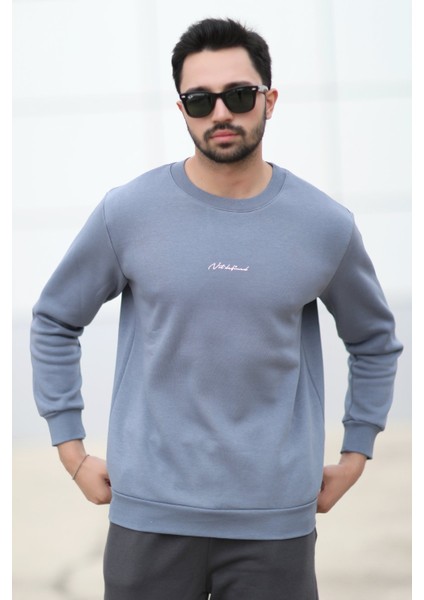 Erkek Kışlık Sweatshirt Koyu Mavi Regularfit O Yaka Baskılı Üç İplik Şardonlu Ribanalı - 5012-1 indirimleri