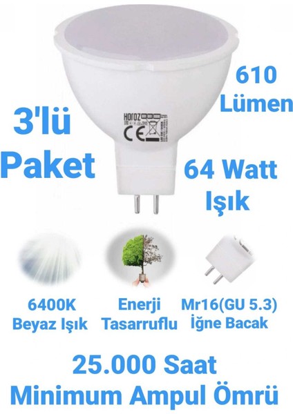 Horoz 8W MR16 LED Ampul 610 Lümen Spot Ampul İğne Bacak Ampul 220 Volt