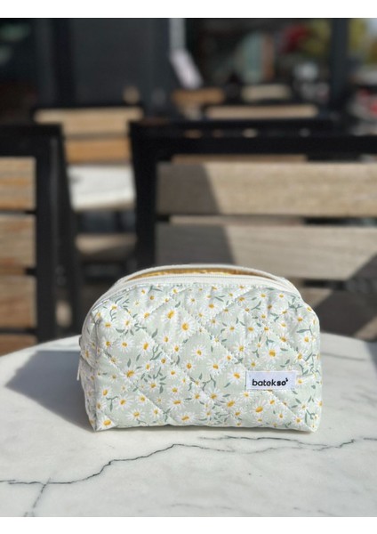 Mediterian Yeşil Papatya Desenli Orta Boy Pamuklu Makyaj Çantası fiyatları