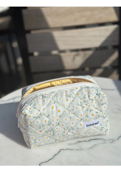 Mediterian Yeşil Papatya Desenli Orta Boy Pamuklu Makyaj Çantası modelleri