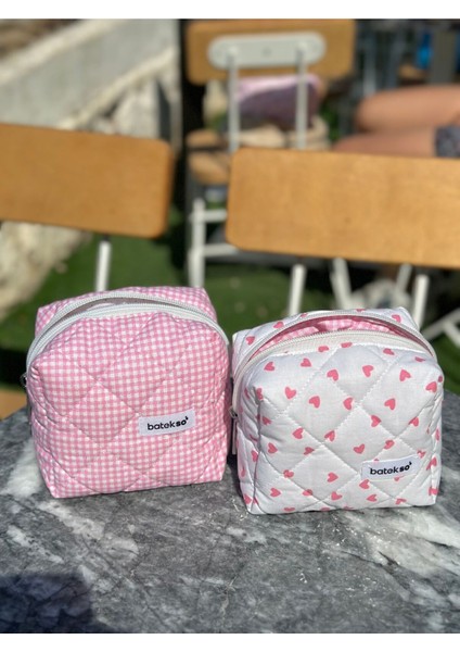 Pembe 2'li Mini Pembe Kalp ve Pembe Kare Desenli Makyaj Çantası - Küçük Boy Pamuk fiyatları