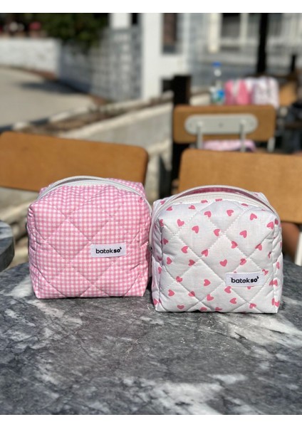 Pembe 2'li Mini Pembe Kalp ve Pembe Kare Desenli Makyaj Çantası - Küçük Boy Pamuk modelleri
