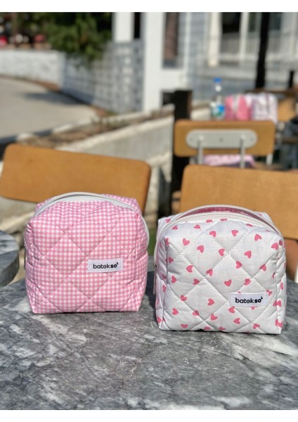Pembe 2'li Mini Pembe Kalp ve Pembe Kare Desenli Makyaj Çantası - Küçük Boy Pamuk fırsatları