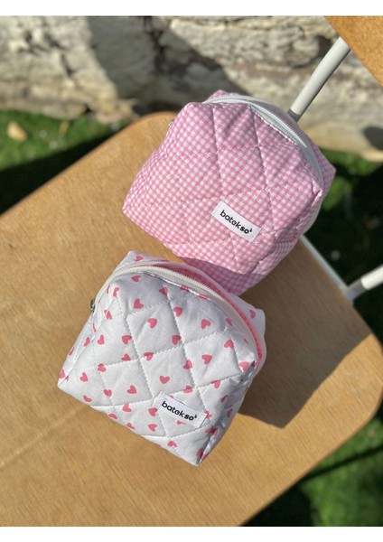 Pembe 2'li Mini Pembe Kalp ve Pembe Kare Desenli Makyaj Çantası - Küçük Boy Pamuk indirimleri