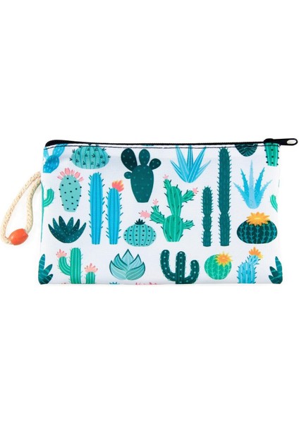 Mavi Kaktüs Çiçek Desenli Kalemlik Fermuarlı Makyaj Çantası Orta Boy 12CM x 20CM fiyatları