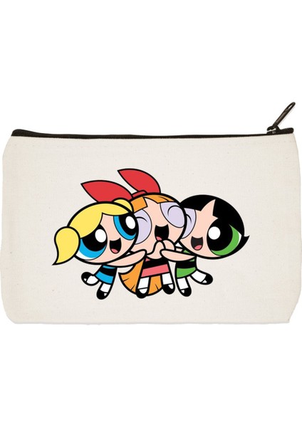 30 Derece Powerpuff Girls Team Su Geçirmez Baskılı Bez Makyaj Çantası, Kalemlik, Cüzdan Bej Pamuk