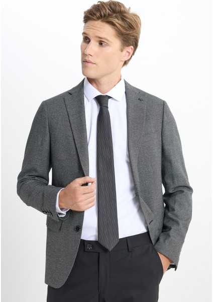Slim Fit Dar Kesim Mono Yaka Kuş Gözü Desenli Çift Pantolonlu Takım Elbise