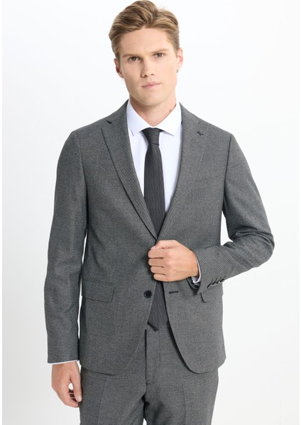 Slim Fit Dar Kesim Mono Yaka Kuş Gözü Desenli Çift Pantolonlu Takım Elbise