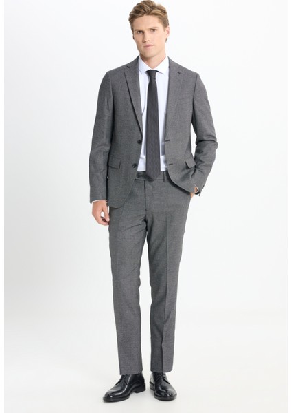 Slim Fit Dar Kesim Mono Yaka Kuş Gözü Desenli Çift Pantolonlu Takım Elbise