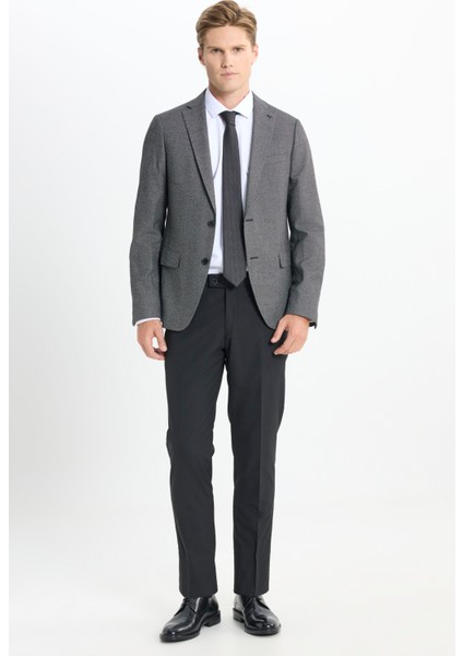 Slim Fit Dar Kesim Mono Yaka Kuş Gözü Desenli Çift Pantolonlu Takım Elbise