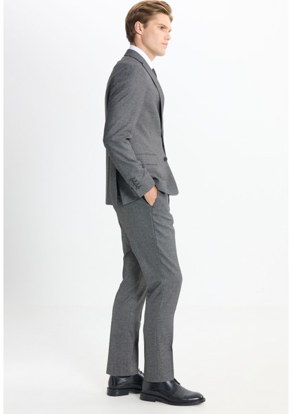 Slim Fit Dar Kesim Mono Yaka Kuş Gözü Desenli Çift Pantolonlu Takım Elbise