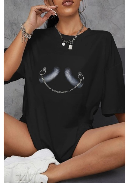 Son Moda Kadın T-Shirti Pamuk Baskılı Yuvarlak Yaka Oversize Tişört