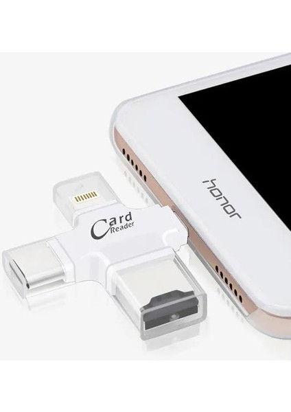 iPhone iPad Android Uyumlu Otg - Micro Otg - Type C Otg 3 In1 Kart Okuyucu Reader - Beyaz