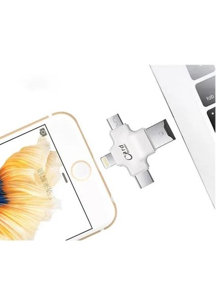 iPhone iPad Android Uyumlu Otg - Micro Otg - Type C Otg 3 In1 Kart Okuyucu Reader - Beyaz