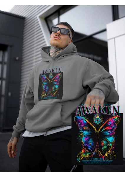 Kadın, Erkek Sweatshirt Oversize Awaken Baskılı Kalın Gri Sevgili Sweatshirt