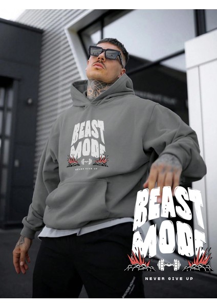 Kadın, Erkek Sweatshirt Oversize Beast Mode Baskılı Kalın Gri Sevgili Sweatshirt